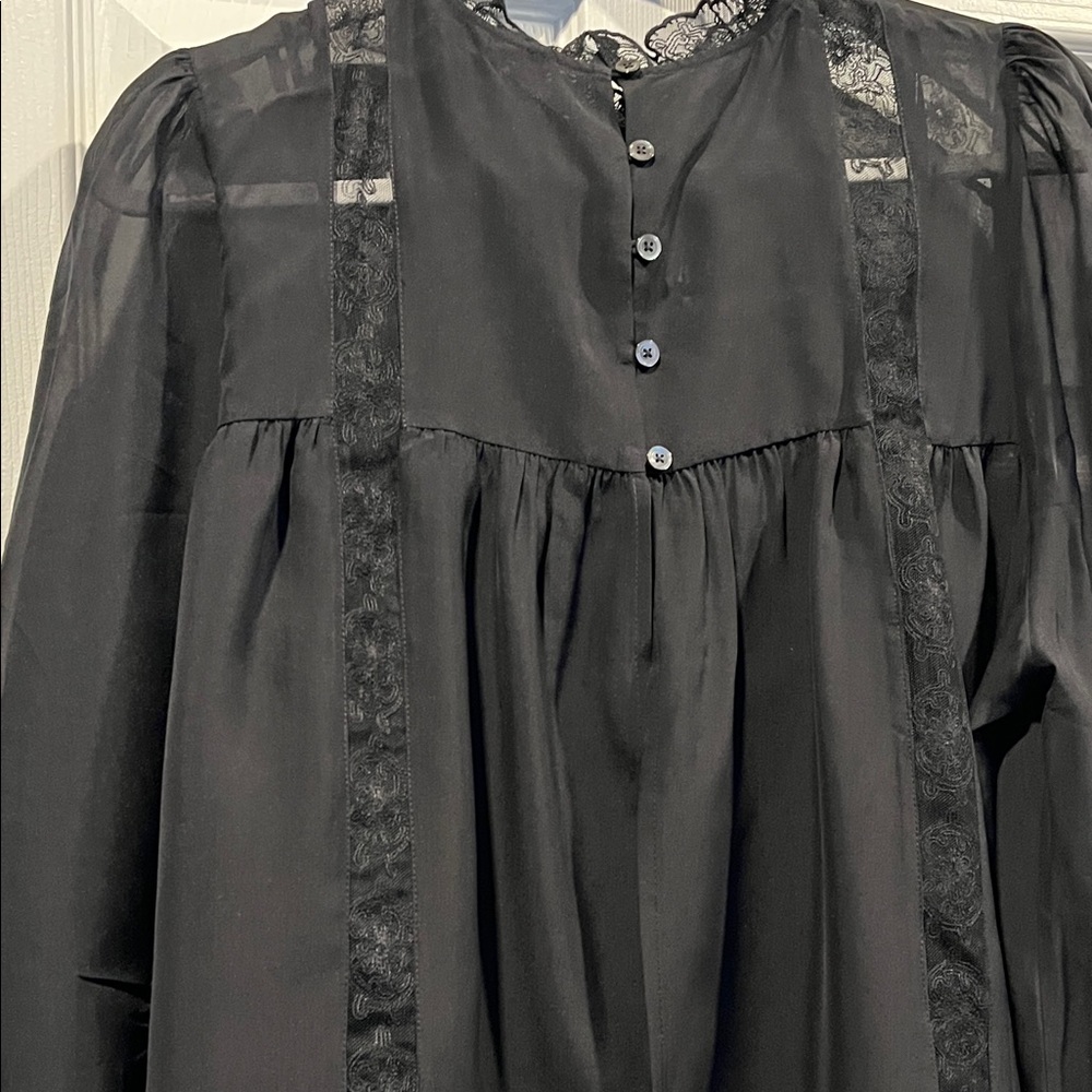 Madewell Silk Lace Inset Long Sleeve Black Top Delicate Intricate Romantic Flowy - Picture 9 of 16